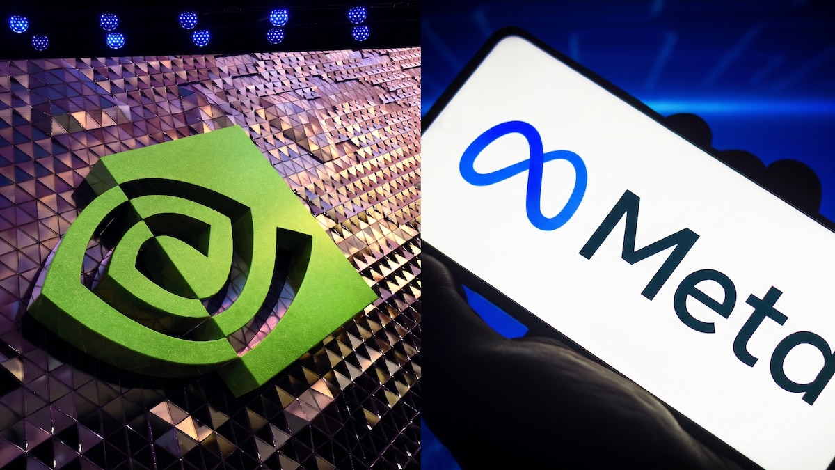 A la izquierda, el logotipo verde de Nvidia sobre relieve metálico; a la derecha, una mano sostiene un teléfono con el logotipo de Meta.